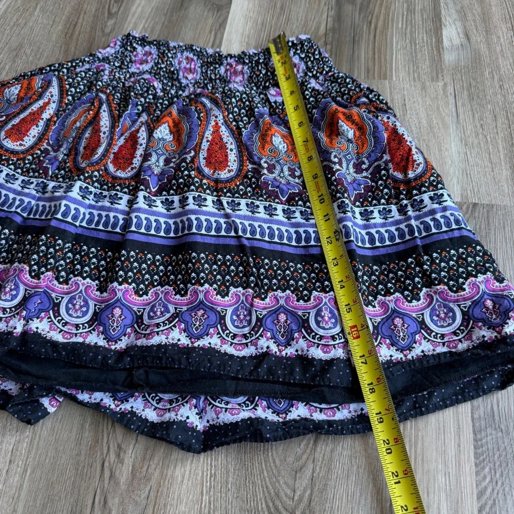 Y2K Chime Boho Paisley Smocked Mini Skirt Purple‎ Orange Floral Festival Size M
